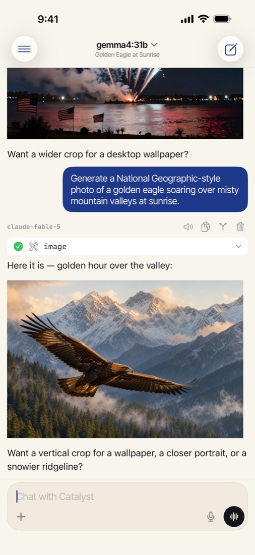 Catalyst on iPhone: a chat showing a generated image of a golden eagle above the composer.
