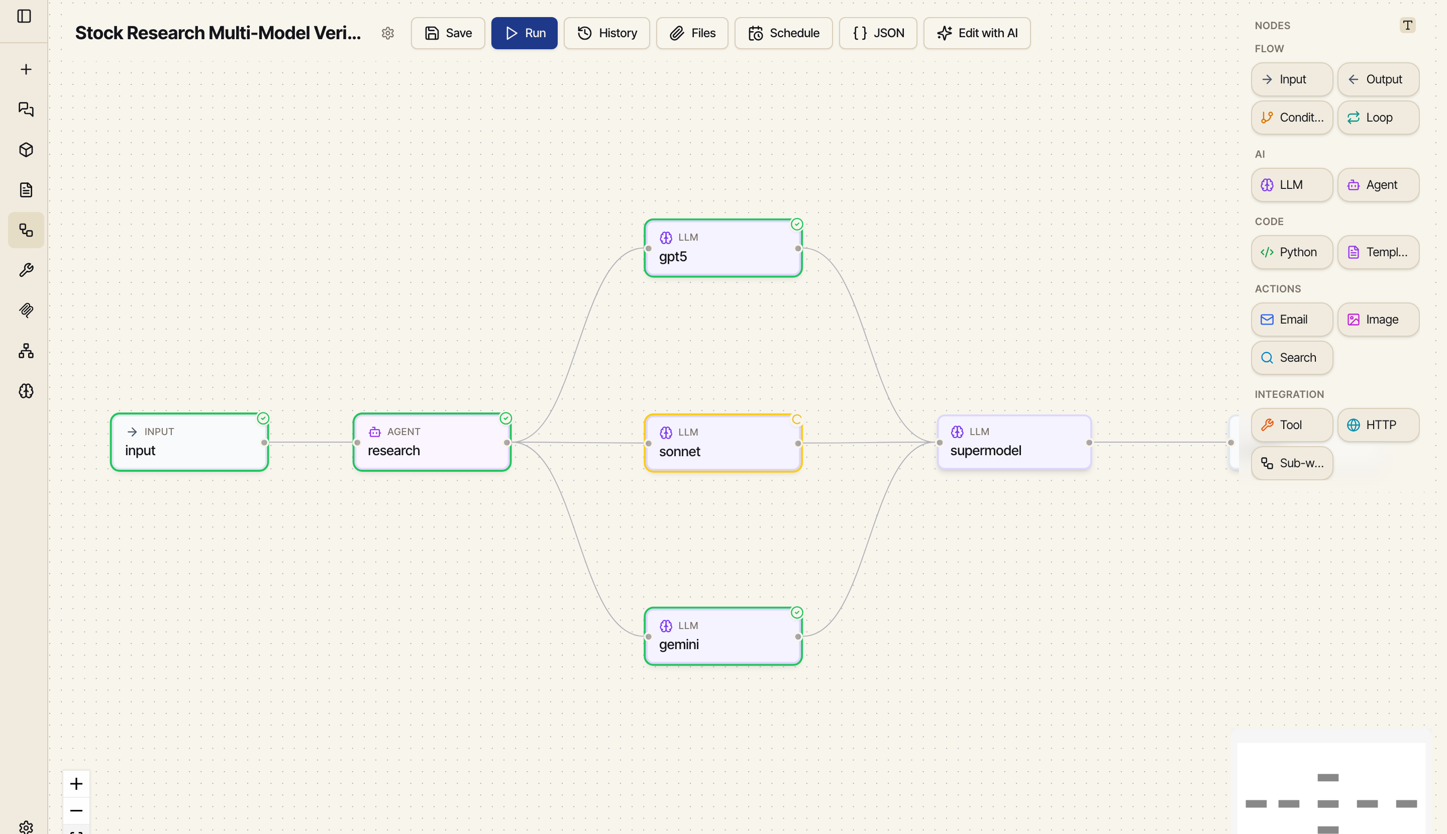 The Catalyst workflow editor: a multi-model stock-research pipeline fanning out to three models and synthesizing one verified answer